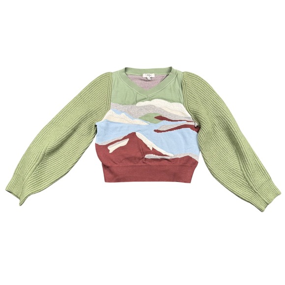 Lily Sweaters - Lily Landscape Scenic Knit Cropped Sweater Colorblock Artsy Boho V Neck XS‎ 936